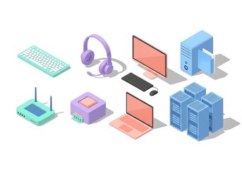 Obraz premium Premium isometric vector collection of gaming gear and computer equipment including keyboard, headphones, PC case and laptop