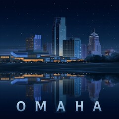 City of Omaha, Nebraska night time skyline postcard style vector illustration