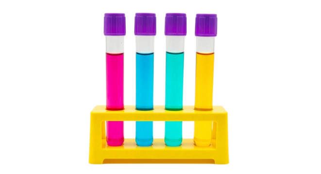 Colorful Test Tubes in Yellow Rack Isolated
