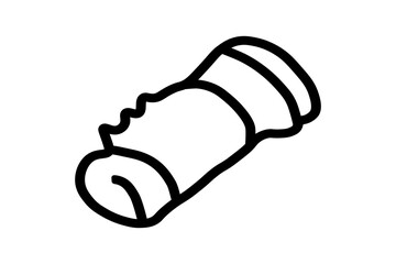 The image displays a simple, black outline drawing of a rolled-up sleeping bag or mat. It is depicted in a cylindrical shape, with a horizontal orientation. 