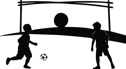 Silhouette of two children playing soccer with a ball and goal on a white background football kids