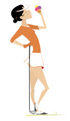 Golfer woman. A break on the golf course. 
Golfer woman has a pause in the game and eats an ice cream
