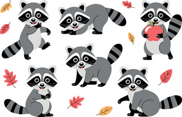 Cartoon illustration of multiple raccoons in various poses with autumn leaves on a white background