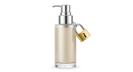 A powerful conceptual image featuring a premium cosmetic pump bottle secured with a golden padlock locked around its neck.