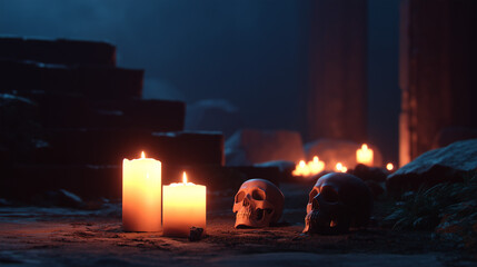mystical candles and skulls in dimly lit stone chamber scene 