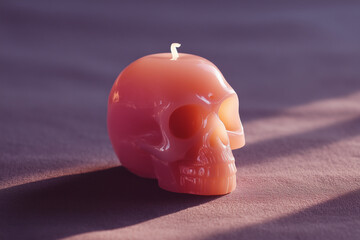skull-shaped candle on purple background 