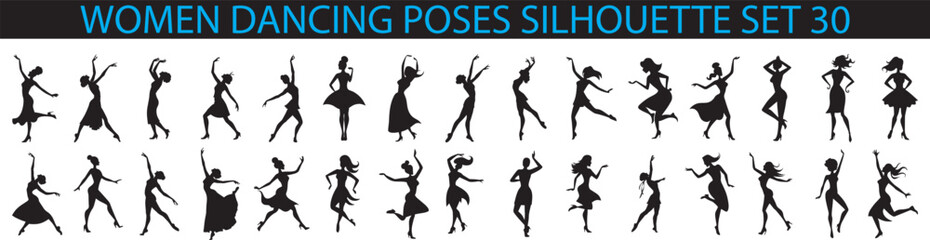  Women Dancing Silhouette Set – Elegant Female Dance Poses, Vector Clipart for Design and Decoration