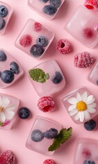 Ice cubes containing raspberries, blueberries, mint leaves, and white flowers are arranged on a pink surface, creating a refreshing and visually appealing scene