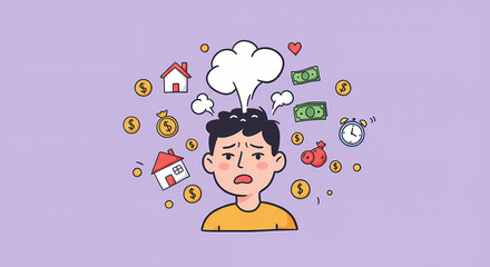 Concept of financial stress and life pressure, with a worried cartoon man overwhelmed by thoughts of money, home, and debt.