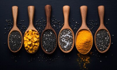 Colorful spices including turmeric, chia, and salt resting on wooden spoons against dark backdrop, highlighting culinary ingredient diversity and visual texture