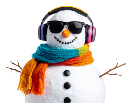 Funny Snowman Wearing Sunglasses and Headphones – Isolated PNG Prompt