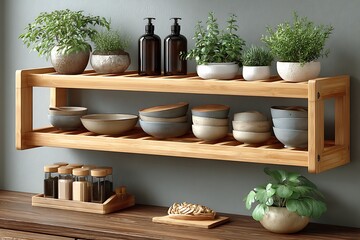 Hanging pottery cups on wooden rack high resolution picture