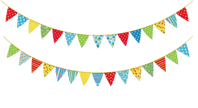 Colourful festive bunting flags with various patterns hanging on strings, isolated on a white background
