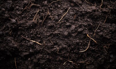 Close-up view of dark, fertile soil with intricate network of roots forming a captivating natural pattern, ideal for agriculture, gardening, or environmental concepts