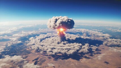 Massive nuclear explosion erupts above clouds creating immense mushroom cloud over desolate landscape, capturing the awesome power and destructive force of a global event. - Powered by Adobe