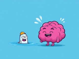 Cute Gut Brain Character Interacts With a Playful Water Creature in a Colorful Animated Setting