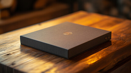 Close-up of a sleek custom branded package on a wooden table, embossed logo glinting in warm light