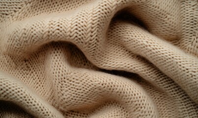Beige knitted wool fabric displaying gentle folds, revealing soft texture and warmth of handcrafted textile material