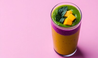 Layered healthy smoothie in glass, featuring mango, spinach, berries, garnished with mint leaves against bright pink backdrop, highlighting nutritious dietary choices