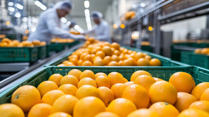 Efficient orange processing plant with workers sorting fresh citrus for distribution
