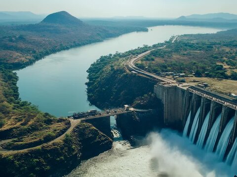 Aerial view of Kariba Dam, power generation and water management of the Zambezi River
