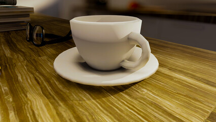 3D Render of Coffee Cup and Saucer on Wooden Table – Cozy Workspace Scene