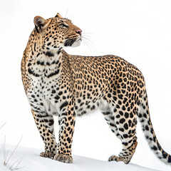 A leopard stands alert on a snowy surface with its head turned to the side
