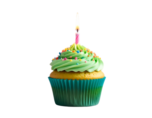 Green Frosted Cupcake with Rainbow Sprinkles and Lit Candle, Centered on Colorful Gradient Background – AI Generated