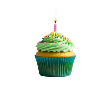 Green Frosted Cupcake with Rainbow Sprinkles and Lit Candle, Centered on Colorful Gradient Background – AI Generated