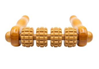 Wooden handheld roller massager with textured wheels isolated on a white background
