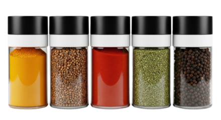 Set of five glass spice jars with black lids filled with colourful spices and herbs isolated on a white background
