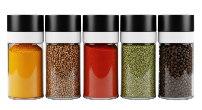 Set of five glass spice jars with black lids filled with colourful spices and herbs isolated on a white background
