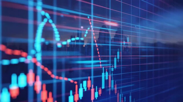 Dynamic stock market data stream with rising and falling trends set against a modern city skyline for financial analysis videos and presentations - Powered by Adobe