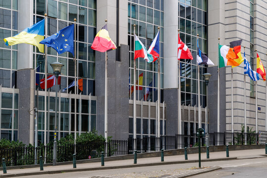 European flags in front of the European Parliament