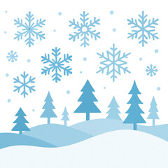 Winter landscape with snowflakes and pine trees.