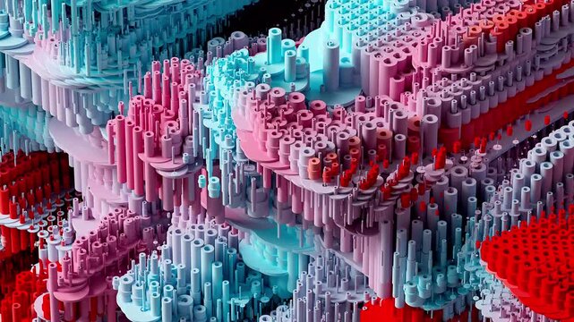 3d render abstract video 3d background wallpaper with surreal geometry figures as cylinders circles discs torus pipes tube sticks in mixed gradient color in isometric view on white in mosaic pattern
