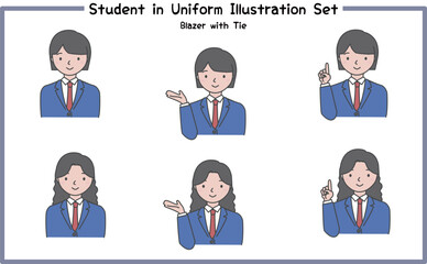 制服姿の学生 イラストセット2-4 (ジャケット&ネクタイ) / Student in Uniform, Character Pose Set