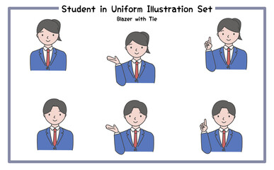制服姿の学生 イラストセット2-3 (ジャケット&ネクタイ) / Student in Uniform, Character Pose Set