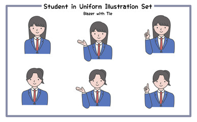 制服姿の学生 イラストセット2-5 (ジャケット&ネクタイ) / Student in Uniform, Character Pose Set