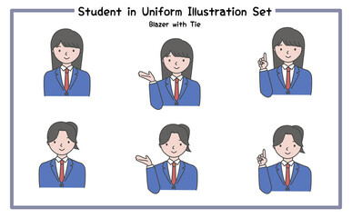 制服姿の学生 イラストセット2-5 (ジャケット&ネクタイ) / Student in Uniform, Character Pose Set