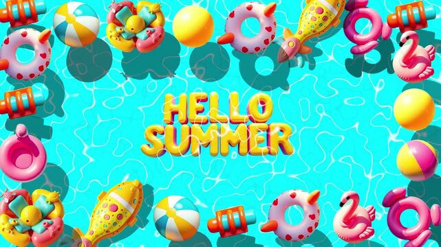 Hello Summer Vibrant Pool Toys Floating on Sparkling Blue Water A Cheerful Animation,Cheerful Hello Summer on Water  Refreshing, Playful, Holiday Greeting,Top View Pool with Summer Lettering  Bright 