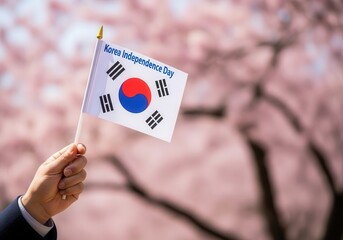 South Korean Flag Held Against Cherry Blossoms for Independence Day Celebration