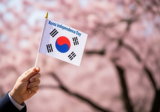 South Korean Flag Held Against Cherry Blossoms for Independence Day Celebration - Powered by Adobe
