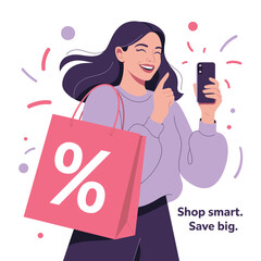 Joyful woman celebrating online shopping deals with a smartphone and a discount bag. Vector concept for retail sales and promotions.