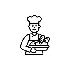 Baker chef with bread bakery food loaf sweet baked goods pastry dessert delicious fresh kitchen man holding tray