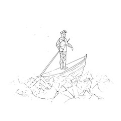 Geometric boat ride drawing man water sea ocean captain vessel travel adventure line art illustration design