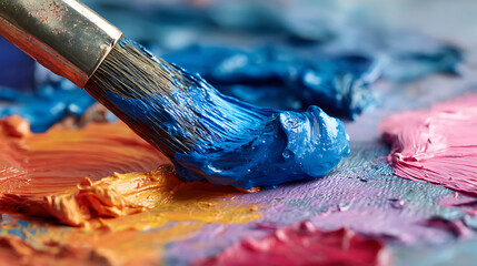 Fototapeta premium Vibrant blue paintbrush loaded with thick paint touching orange and pink hues on a textured palette