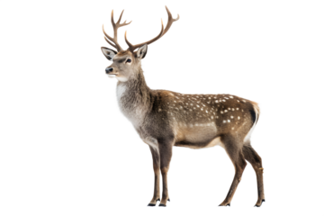 A majestic spotted deer stag with large antlers stands in profile, isolated on a white background. A beautiful wildlife animal portrait.