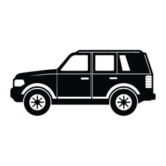 Simple black and white silhouette of a modern suv, viewed from the side, showcasing its robust design and four wheels, isolated on a clean white background