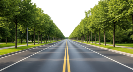 Empty road with yellow lines flanked by trees
